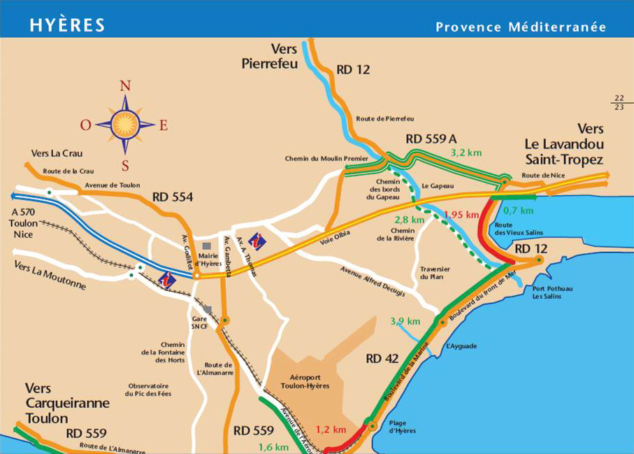Carte de la piste cyclable aux environs de Hyères.
